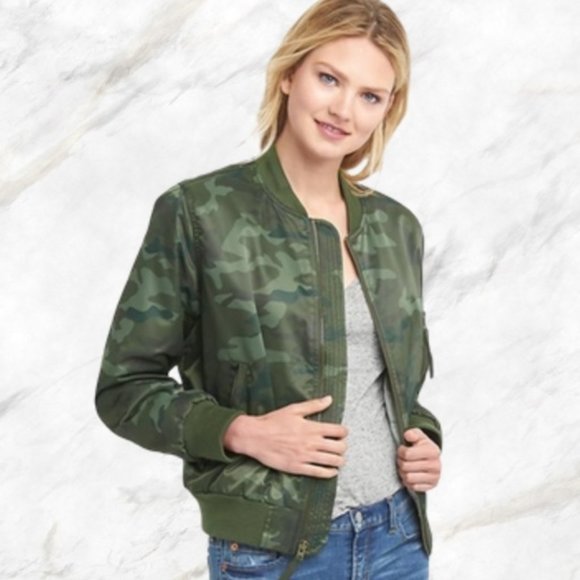Gap Bomber Jacket Camo Green Nylon Size Large - Picture 3 of 11